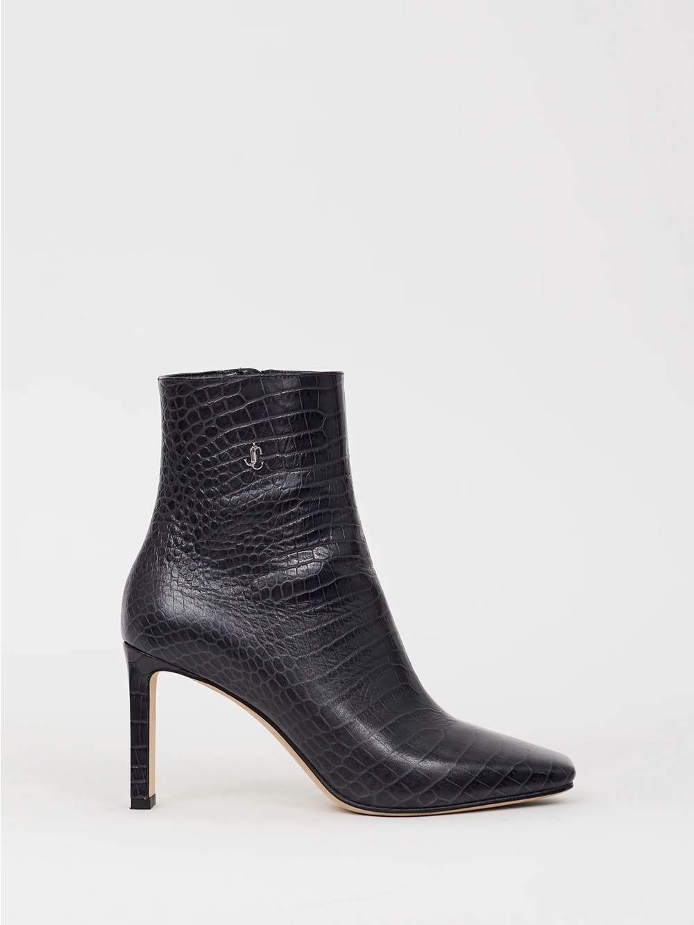 Jimmy Choo Black Croc-Embossed Pointed Toe Ankle Bootie